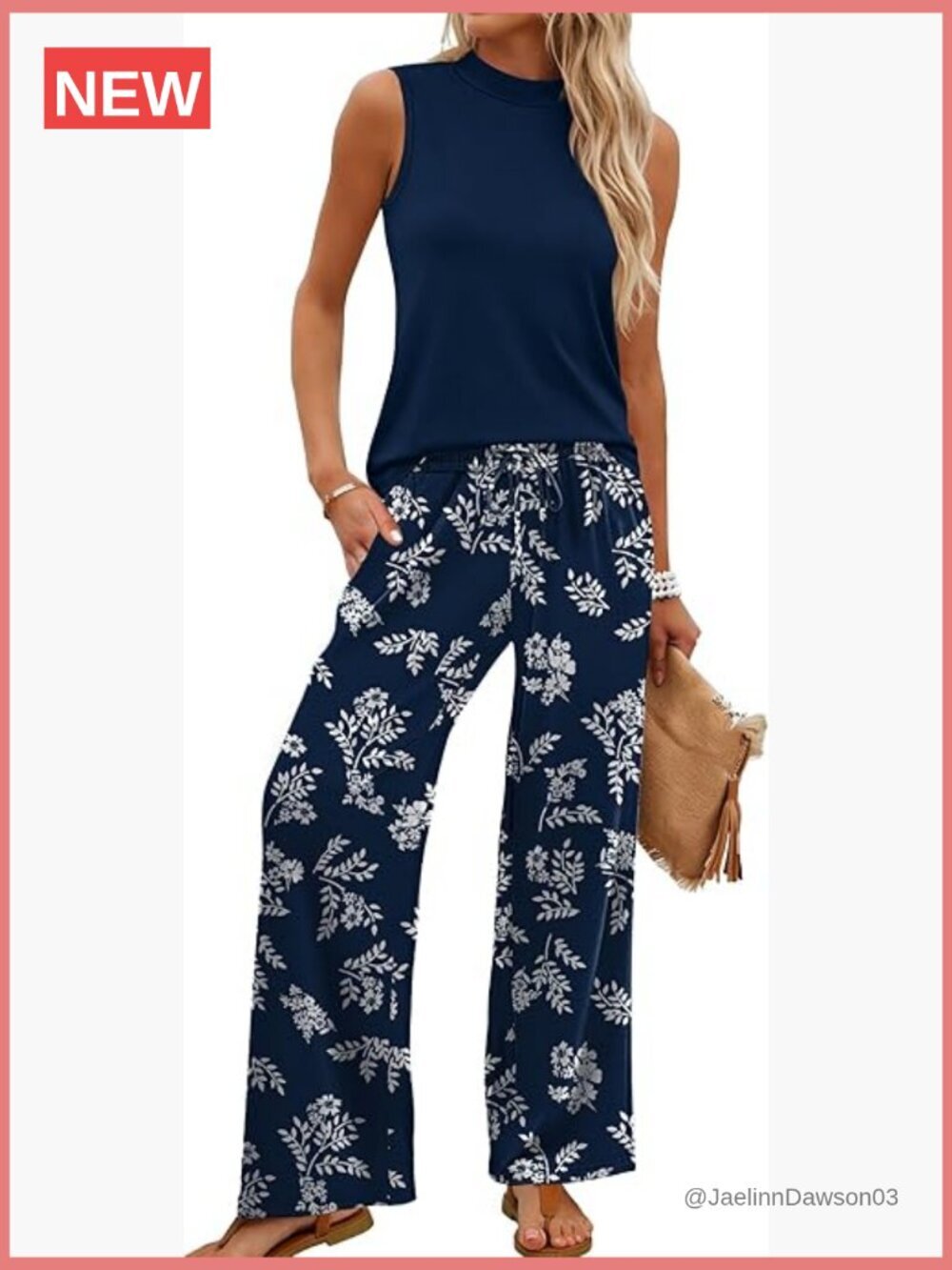 Two Piece Set Mock Neck Sleeveless Top and Wide Leg Pants Summer Travel Outfit